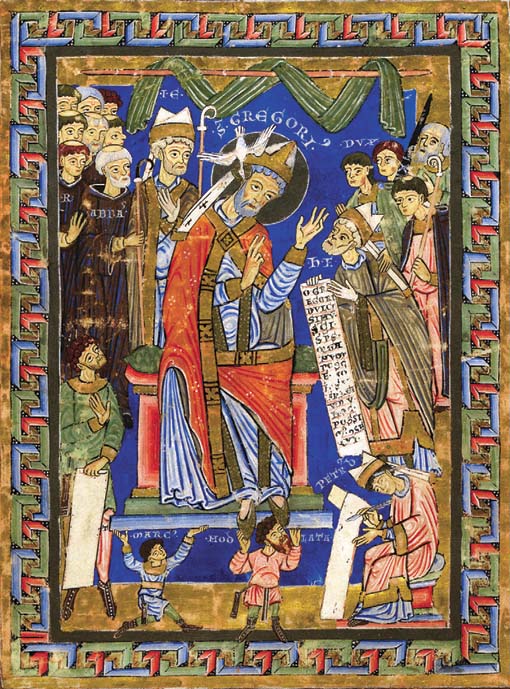 Hildebert a Everwin – dedikační scéna z rukopisu Horologium Olomucense Hildebert a Everwin – dedikační scéna z rukopisu Horologium Olomucense