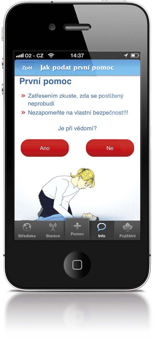			Aplikace nabízí i ilustrovaný návod, jak poskytnout první pomoc			