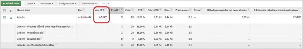 Zvětšíte kliknutím na obrázek Nastavení maximální ceny za proklik v systému Google AdWords