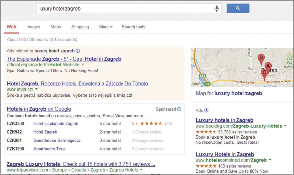 Ukázka PPC kampaně hotelu zacílená na širší klíčová slova; Zdroj: Internet Ukázka PPC kampaně hotelu zacílená na širší klíčová slova; Zdroj: Internet