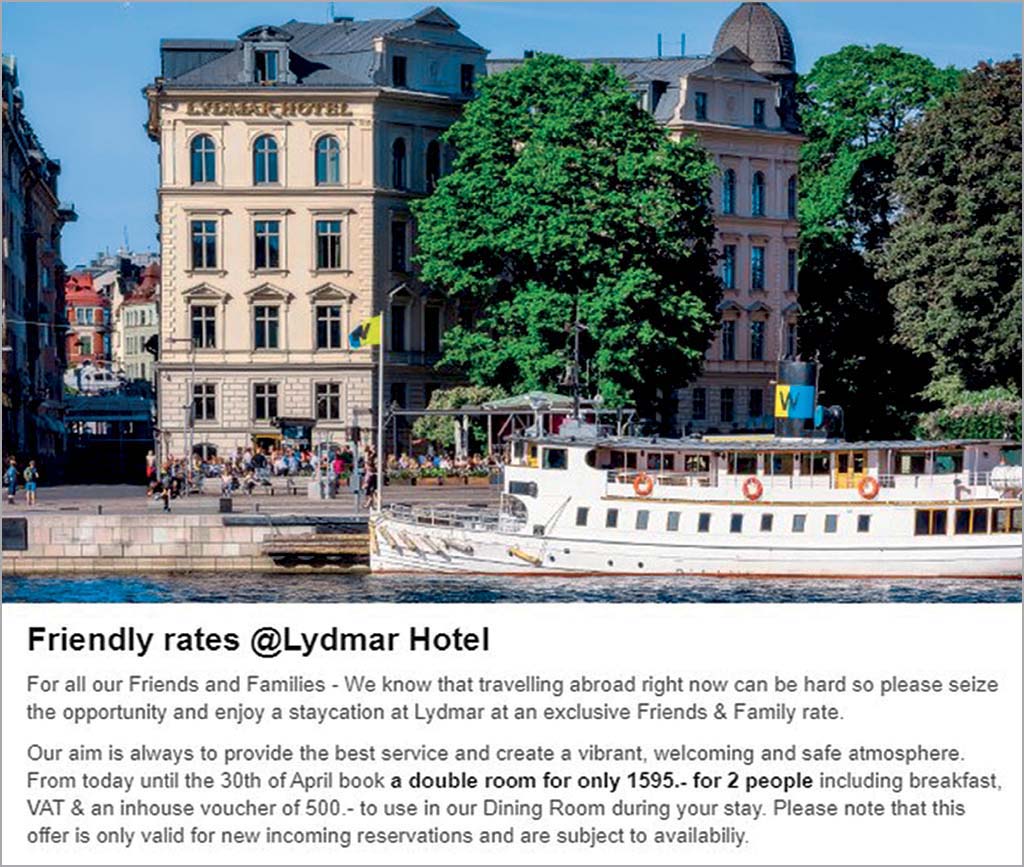 Ukázka e-mailové kampaně hotelu ve Stockholmu, který nabízí speciální časově omezený balíček s peněžitým kreditem na útratu v hotelu