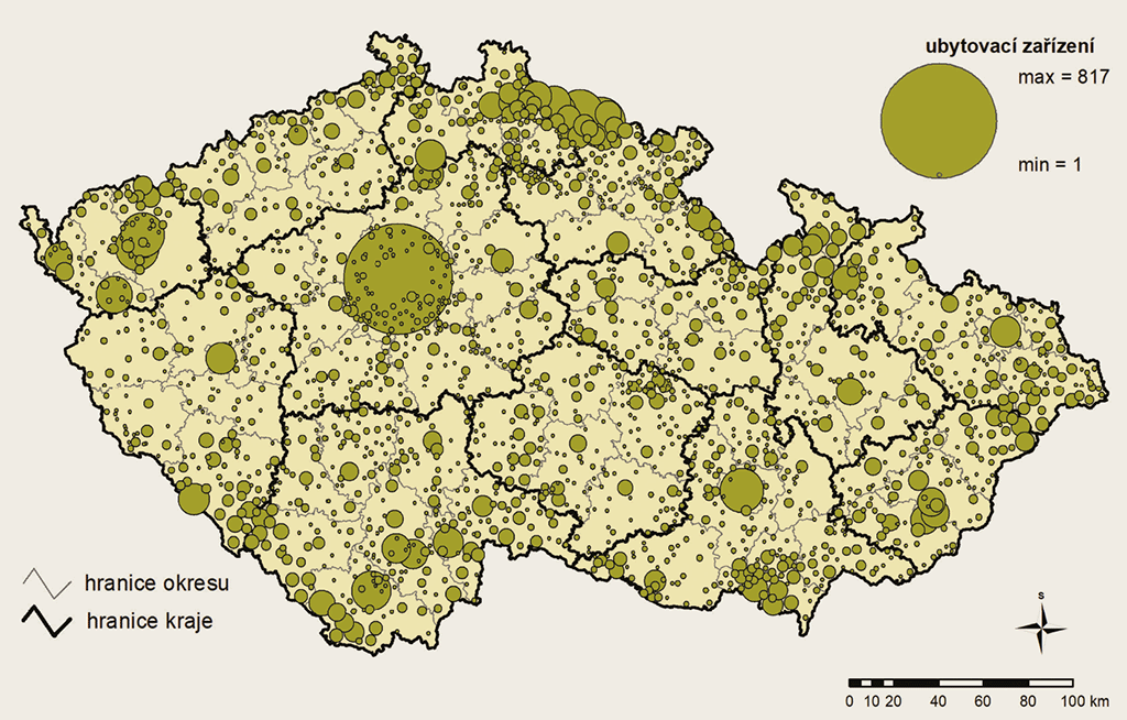 Mapa – Hromadná ubytovací zařízení v ČR v roce 2019 (zařízení v obcích)