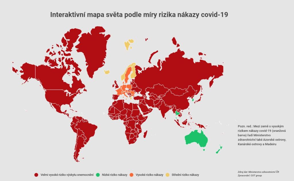 Mapa světa dle rizika nákazy covid-19